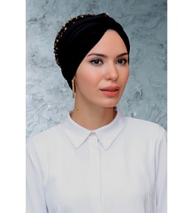 Siyah-Gold Pratik Hazır Geçmeli Tesettür Bone Sandy Kumaş Pullu Büzgülü 1906_102