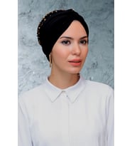 Siyah-Gold Pratik Hazır Geçmeli Tesettür Bone Sandy Kumaş Pullu Büzgülü 1906_102