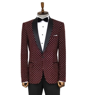 Nokta Desenli Slim Fit Bordo Erkek Smokin Ceket - Wessi