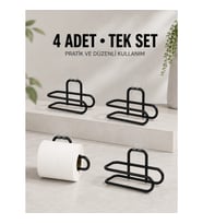 Mey İthalat® Duvara Yapışkanlı WC Kağıtlık Siyah Metal 4 Adet Tuvalet Kağıdı Rulo Askısı