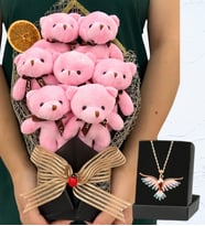 Büyük Boy 7'li Peluş Ayıcık Buketi ve Renkli Zümrüdü Anka Kuşu Kolyesi (Model 1)