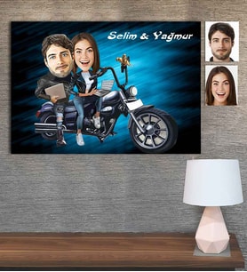 Kişiye Özel Karikatür Baskılı Ahşap Motorcu Sevgili-3 30x40