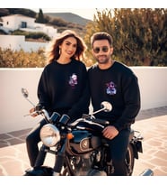 Sevgililer Günü Kombin Erkek Kadın Örümcek Adam Görselli Bisiklet Yaka Sweatshirt (Siyah)