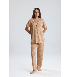 Kadın Yazı Detaylı Kısa Kollu Pijama Takım  Latte Paris