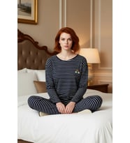 Kadın Çizgili Gökkuşağı Detaylı Pijama Seti Fonksiyonel Dayanıklı Kaliteli Konforlu Modern