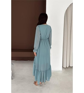 Neşeli butik kadın mint yeşili fiyonk detaylı v yaka volanlı midi boy şifon elbise