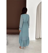 Neşeli butik kadın mint yeşili fiyonk detaylı v yaka volanlı midi boy şifon elbise