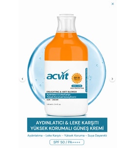 Acvit Aydınlatıcı, Leke Karşıtı, Yüksek Korumalı Güneş Kremi – 50+SPF – 100 ML. – PA++++