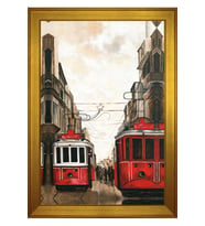 İstiklal Caddesi ve Tramvaylar Motifli Kanvas Tablo 80 x 110 cm Gold Çerçeve