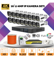 16'lı Güvenlik IP Kamera Seti - 4MP Dış Mekan Kamera, 3.6mm Lens, H.265, PoE, Warm Led Gece Görüşlü (Beyaz)