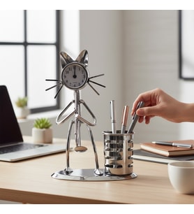 Metal Kedi Figürlü Masa Saati ve Kalemlik  Dekoratif Ofis Aksesuarı