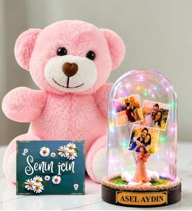 Kişiye Özel Yazılı 3 Fotoğraflı Renkli LED Işıklı Fanus(şans melekli) ve Pembe Peluş Ayıcık Kadına Hediye Sevgiliye Hediye