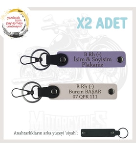 Biker Tarzına Özel, İsim Plaka ve B Rh (-) Kan Grubu Yazılı Hediye x2 Anahtarlık Set, Mor-Pudra-Syh (Çok Renkli)