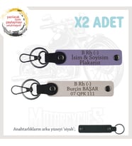 Biker Tarzına Özel, İsim Plaka ve B Rh (-) Kan Grubu Yazılı Hediye x2 Anahtarlık Set, Mor-Pudra-Syh (Çok Renkli)