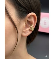 Gümüş Kanat İşlemeli Kıkırdak Küpe , 5 Sıralı Kristal Earcuff Küpe , Gold Sıkıştırmalı Modern Küpe