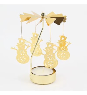 Dönen Kar Tanesi ve Kardan Adam Figürlü Metal Tealight Mumluk – Altın Renk