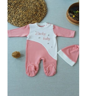 0-3 3-6 Ay Lucky Turk Nakışlı Es Çizgi Boy Şapkalı Kız Bebek Tulumu Pudra