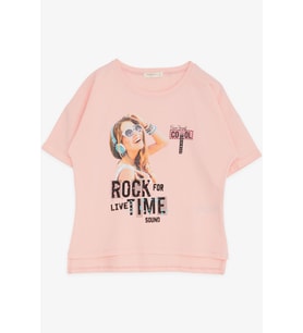 Breeze Kız Çocuk Tişört Havalı Rockçı Kız Baskılı 9-16 Yaş, Somon