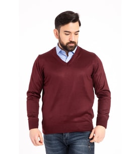 Erkek Bordo İnce Yün Triko V Yaka Triko Kazak