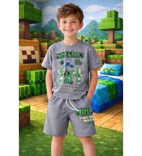 Cg Kids Minecraft Sof Gri Tshirt & Şort Alt Üst Takım Süper Kalite Sırt Baskı Detay