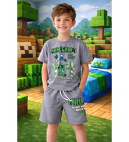 Cg Kids Minecraft Sof Gri Tshirt & Şort Alt Üst Takım Süper Kalite Sırt Baskı Detay