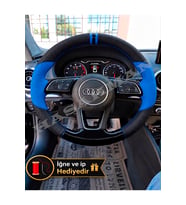 Audi A4 B9 Dikme Direksiyon Kılıfı Delikli Deri Parlak Siyah Mavi Detay Çift Yüzük ve Dikiş 2016-2019