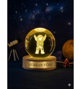 Kişiye Özel 3D Astronot Küre Kristal  Led Gece Lambası – USB'li Ahşap Standlı LED Masa Gece Lambası
