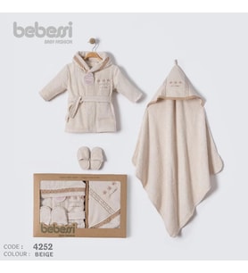 Bebessi %100 Pamuk Otantik Desenli Bornoz Set Bej BBS.4252.BEJ