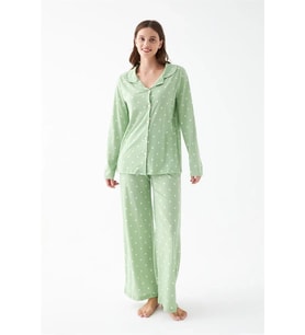 pilelistore- Kadın Yeşil Kalp Desenli Düğmeli Pamuklu Pijama Takımı