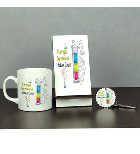 Kimya Öğretmenine Hediye Üçlü Set (Kupa + Telefon Standı + Anahtarlık)i