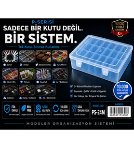 P-SERİSİ 24 lü Plastik Şeffaf Mavi Kutu Seti 24 Küçük 1 Büyük Modüler Saklama, Organizer, Ambalaj Sistemi