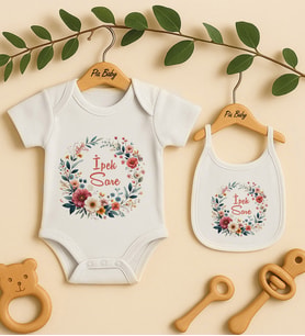 Pia Baby Premium %100 Pamuk İsme Özel Organik Baskılı Çıtçıtlı Bebek Body Ve Önlük 5067-20 (Ekru)
