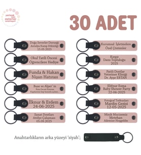 Edebiyat Haftası Etkinliğine Uygun, 30'lu Set, Kişiye Özel Yazılı Deri Anahtarlık, Pudra & Siyah