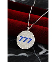 Kadın 925 Ayar Gümüş Zincirli Beyaz Taşlı Beyaz Mavi Mineli 777 Melek Sayısı Kolye