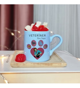 Veteriner Tasarımlı Kişiye Özel Mavi Türk Kahvesi Fincan