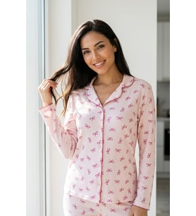 Kadın Pembe Çiçek Desenli Bambu Viskon Uzun Kollu Soft Örme Pijama Takımı Pembe Kurdele