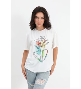 T-shirt Bisiklet Yaka Çiçek Desenli - Ekru