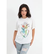 T-shirt Bisiklet Yaka Çiçek Desenli - Ekru