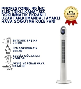 Profesyonel 45 İnç Elektrikli Kanatsız Dokunmatik Ekranlı Uzaktan Kumandalı Ayaklı Hava Soğutma Kule Fanı