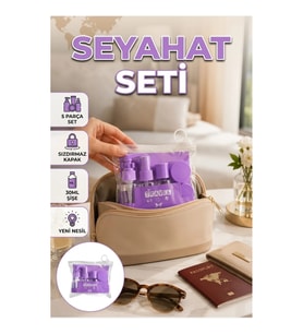 5 Parça Şeffaf Seyahat Bakım Seti – 30 ml Şişe, Sprey, Şampuanlık ve Krem Kutuları