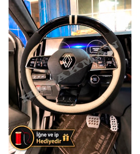 Renault Megane E-Tech Dikme Direksiyon Kılıfı Parlak Siyah Bej Detaylı Bej Çift Yüzük ve Dikiş 2022-2026
