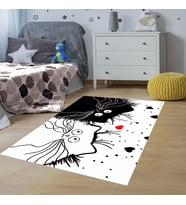 Kedili Halı Kedi Desenli Dijital Baskı Yıkanabilir Kaymaz Taban Bebek ve Çocuk Odası Halısı (Beyaz)