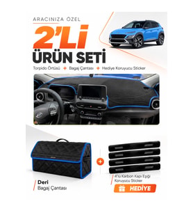 HYUNDAİ KONA (2020-2022) Uyumlu Torpido Örtüsü + Deri Bagaj Çantası + Sticker Seti - Siyah Mavi