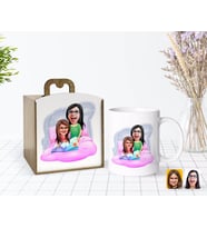 BK Gift Kişiye Özel Ahşap Kutuda Anneler Günü Temalı Anne Kız Karikatürlü Beyaz Kupa Bardak-3