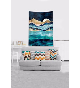 Mavi Dağın Ardındaki Ay Leke Tutmaz Kadife Kumaş Duvar Örtüsü Duvar Halısı Tapestry (Turkuaz)