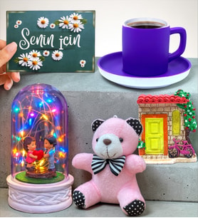 Sevimli Hediye Seti Mor Kahve Fincanlı Renkli Led Işıklı Fanuslu (Model 7)