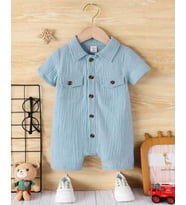 Unisex Bebek&Çocuk %100 Pamuklu Tahta Düğmeli Cepli Müslin Tulum-Turkuaz