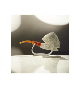 El Oyması Lületaşı Pipo, Savaşçı Başı Figürlü, Amber Ağızlık, Özel Kılıf 15,5 cm