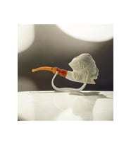 El Oyması Lületaşı Pipo, Savaşçı Başı Figürlü, Amber Ağızlık, Özel Kılıf 15,5 cm