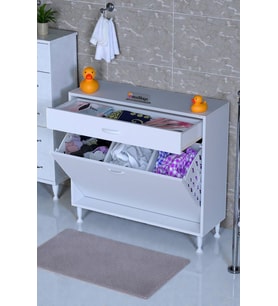 Eliusta Asil 90 cm Kirli Çamaşır Sepetli Banyo Dolabı 1 Çekmeceli Mutfak Çok Amaçlı Dolap 90x88x32,5 cm
